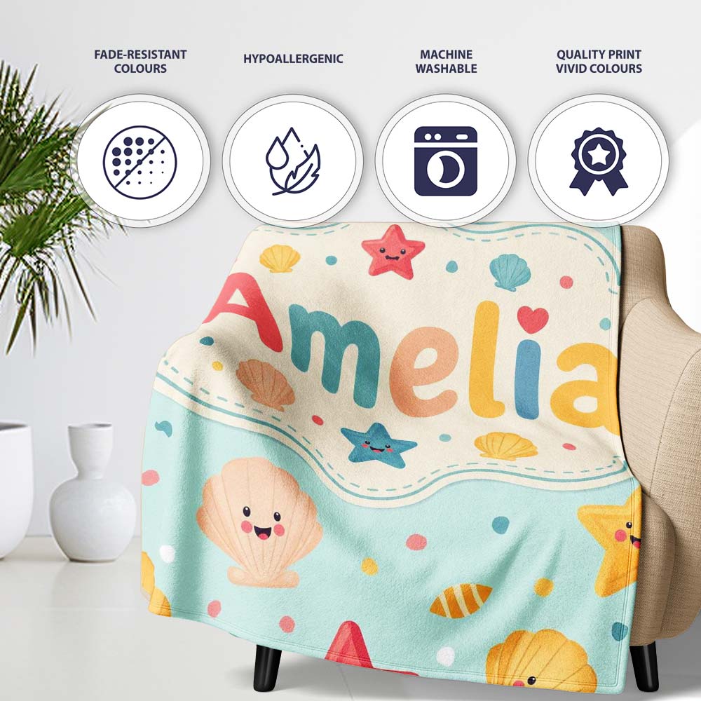 Cute Kawaii Seashells Starfish Pastel Ocean Confetti Seamless Lovely  Personalised Custom Name Super Soft Fleece Blanket Bed Sofa Throw