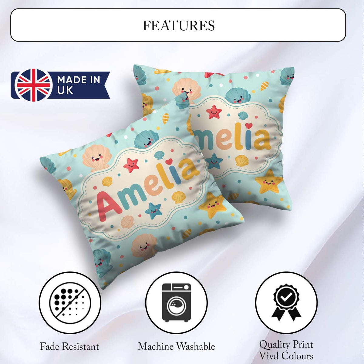 Custom Name Cute Kawaii Seashells Starfish Pastel Ocean Confetti Square Filled Cushion Throw Pillow Sofa Bed Home Decor Zip Washable UK Made