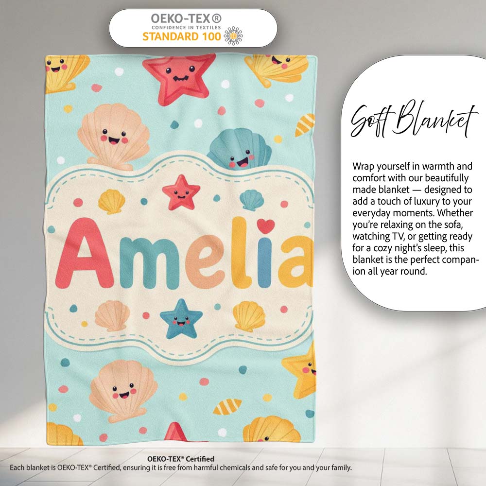 Cute Kawaii Seashells Starfish Pastel Ocean Confetti Seamless Lovely  Personalised Custom Name Super Soft Fleece Blanket Bed Sofa Throw