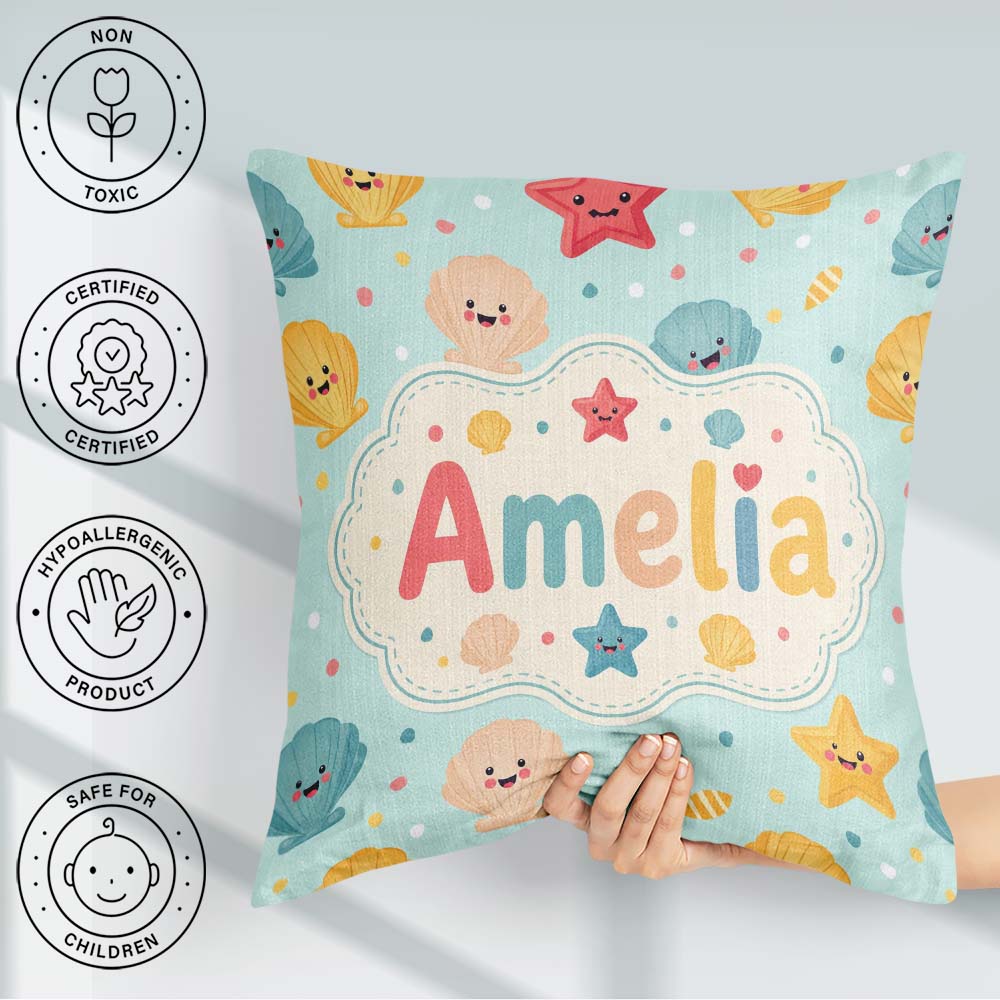 Custom Name Cute Kawaii Seashells Starfish Pastel Ocean Confetti Square Filled Cushion Throw Pillow Sofa Bed Home Decor Zip Washable UK Made