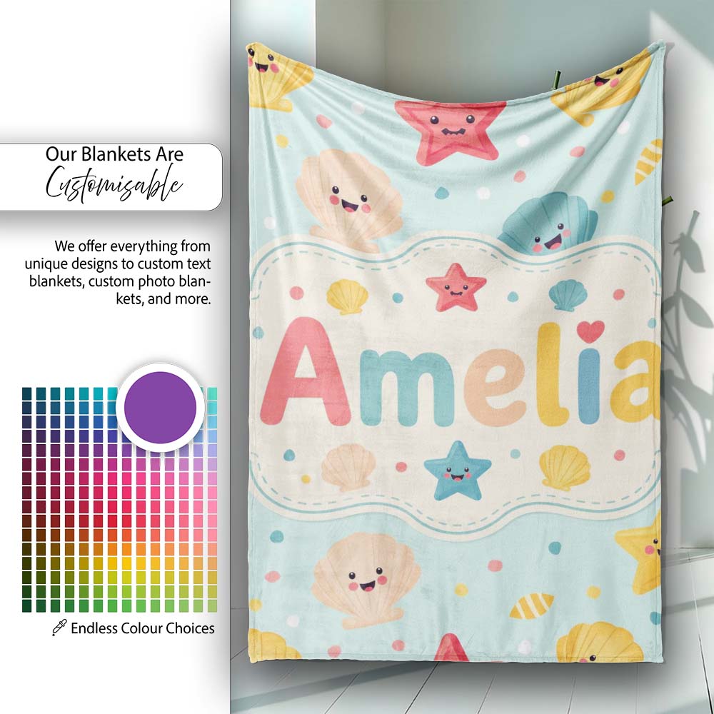 Cute Kawaii Seashells Starfish Pastel Ocean Confetti Seamless Lovely  Personalised Custom Name Super Soft Fleece Blanket Bed Sofa Throw