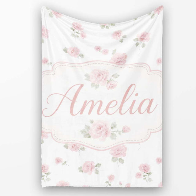 Soft Pink Watercolor Roses Floral Elegant Seamless Pattern Lovely  Personalised Custom Name Super Soft Fleece Blanket Bed Sofa Throw