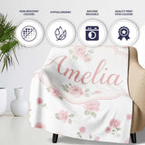 Soft Pink Watercolor Roses Floral Elegant Seamless Pattern Lovely  Personalised Custom Name Super Soft Fleece Blanket Bed Sofa Throw