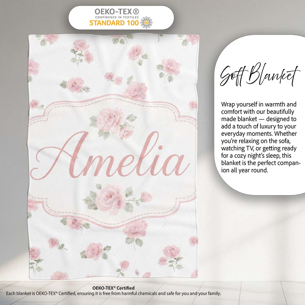 Soft Pink Watercolor Roses Floral Elegant Seamless Pattern Lovely  Personalised Custom Name Super Soft Fleece Blanket Bed Sofa Throw