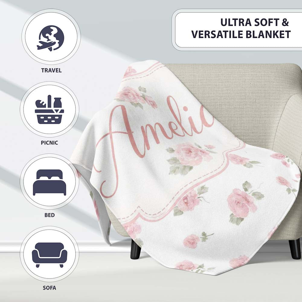 Soft Pink Watercolor Roses Floral Elegant Seamless Pattern Lovely  Personalised Custom Name Super Soft Fleece Blanket Bed Sofa Throw