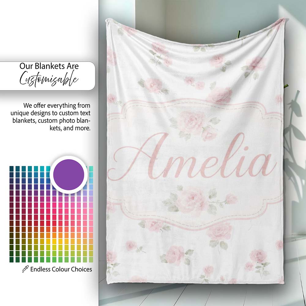 Soft Pink Watercolor Roses Floral Elegant Seamless Pattern Lovely  Personalised Custom Name Super Soft Fleece Blanket Bed Sofa Throw