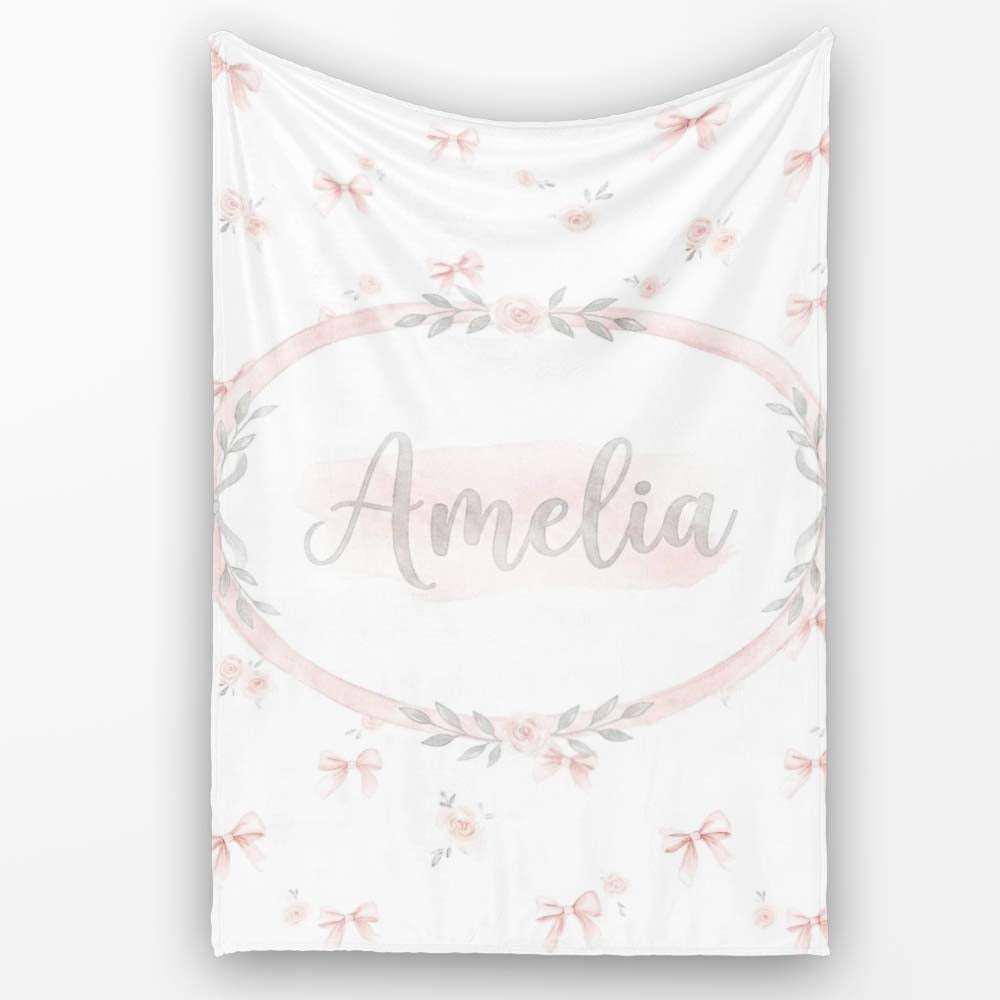 Soft Pink Bows and Roses Watercolor Floral Seamless Pattern Lovely  Personalised Custom Name Super Soft Fleece Blanket Bed Sofa Throw