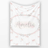 Soft Pink Bows and Roses Watercolor Floral Seamless Pattern Lovely  Personalised Custom Name Super Soft Fleece Blanket Bed Sofa Throw