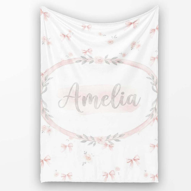 Soft Pink Bows and Roses Watercolor Floral Seamless Pattern Lovely  Personalised Custom Name Super Soft Fleece Blanket Bed Sofa Throw