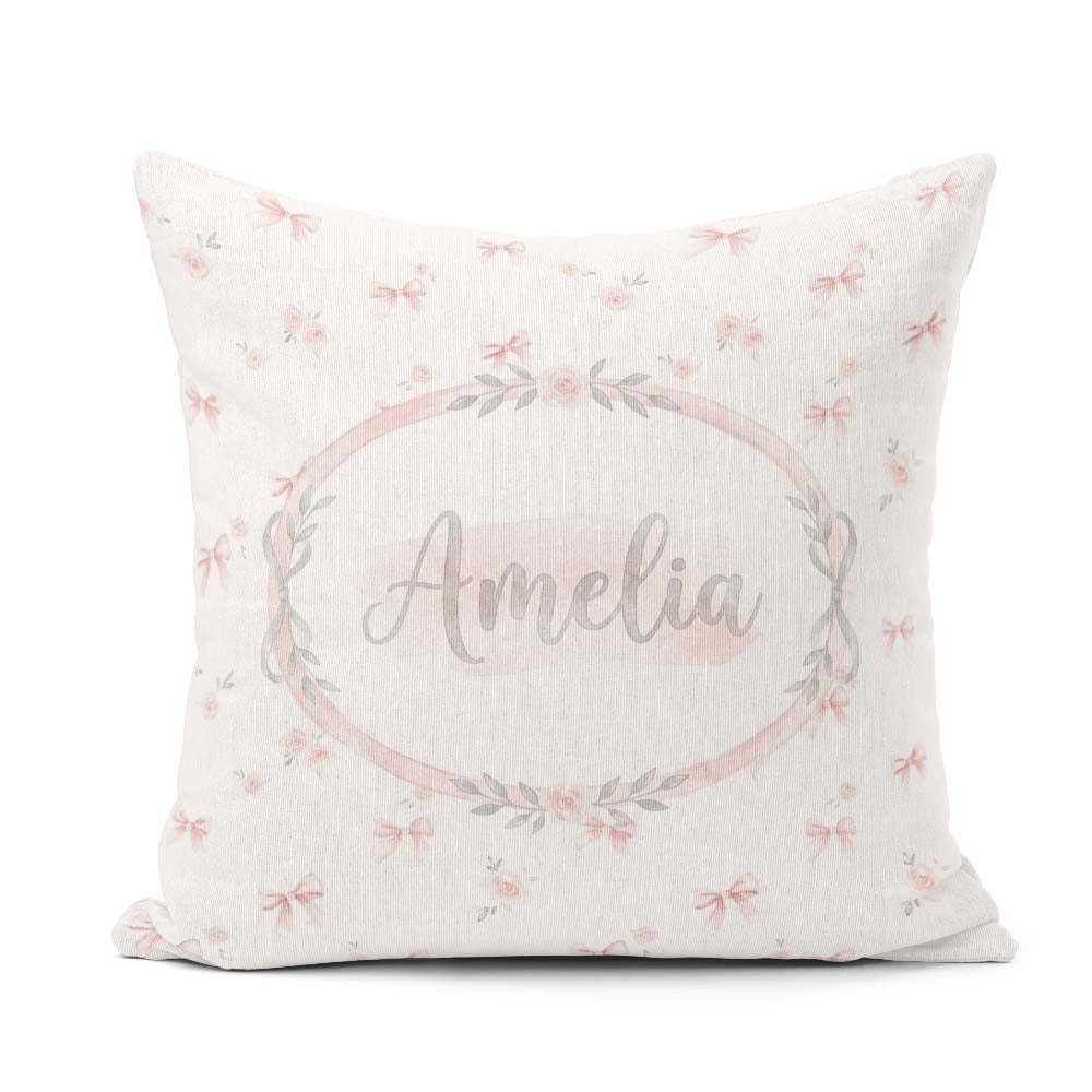Custom Name Soft Pink Bows and Roses Watercolor Seamless Pattern Square Filled Cushion Throw Pillow Sofa Bed Home Decor Zip Washable UK Made