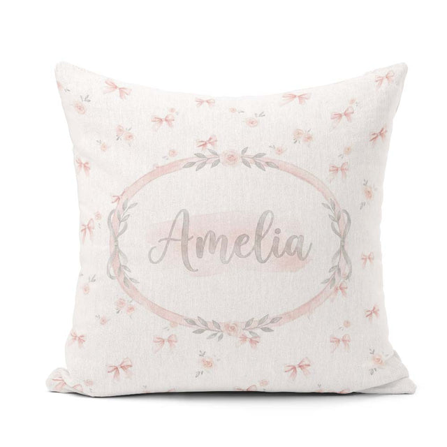 Custom Name Soft Pink Bows and Roses Watercolor Seamless Pattern Square Filled Cushion Throw Pillow Sofa Bed Home Decor Zip Washable UK Made