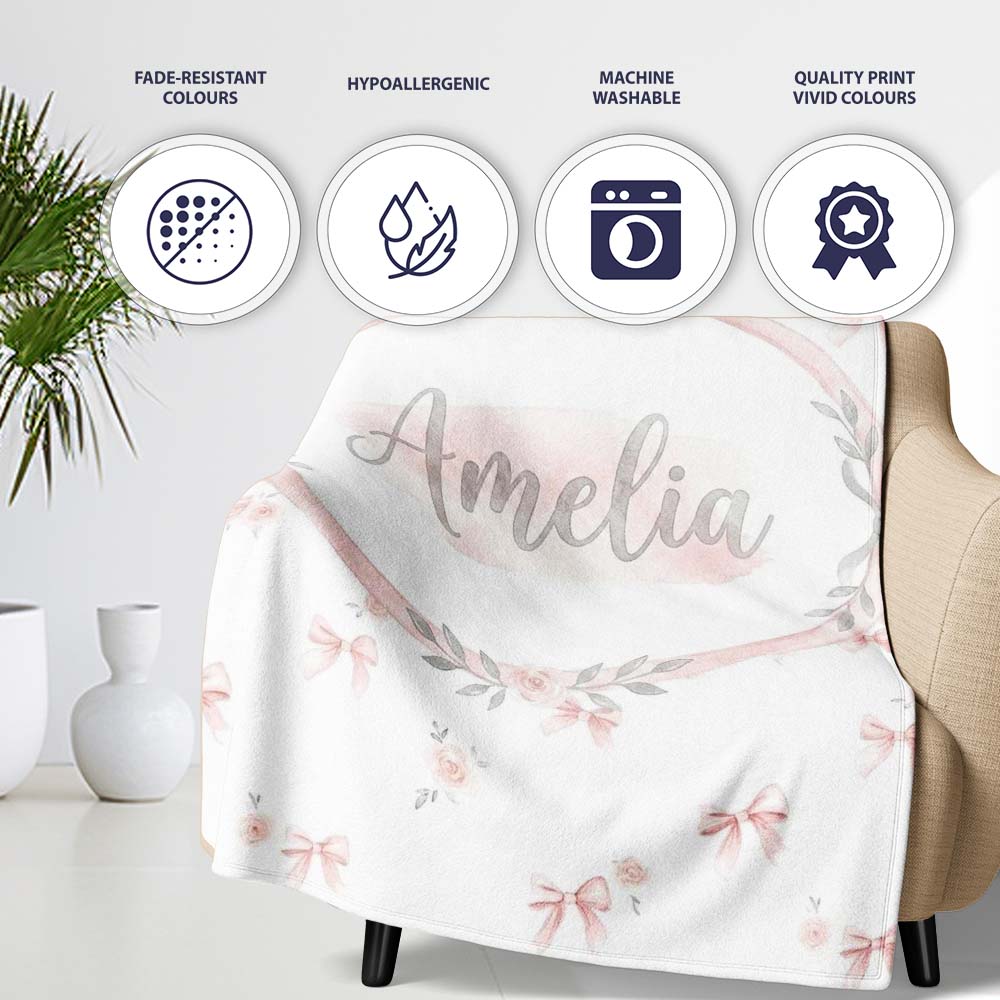 Soft Pink Bows and Roses Watercolor Floral Seamless Pattern Lovely  Personalised Custom Name Super Soft Fleece Blanket Bed Sofa Throw