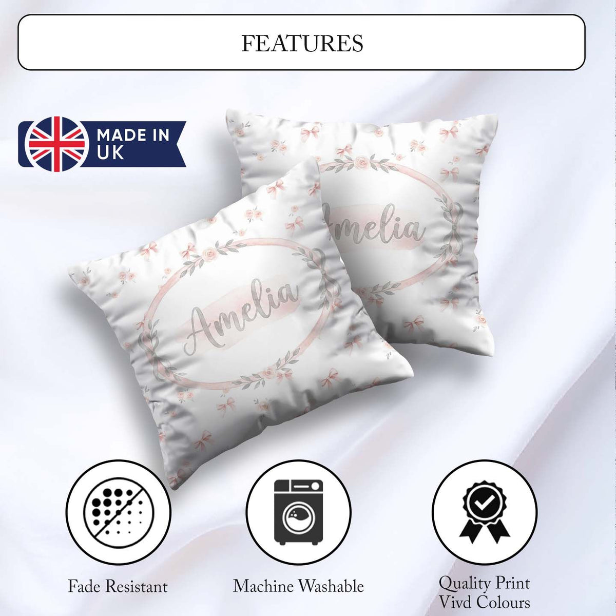Custom Name Soft Pink Bows and Roses Watercolor Seamless Pattern Square Filled Cushion Throw Pillow Sofa Bed Home Decor Zip Washable UK Made