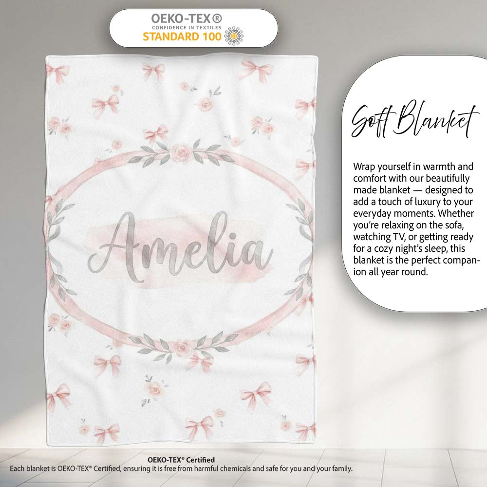 Soft Pink Bows and Roses Watercolor Floral Seamless Pattern Lovely  Personalised Custom Name Super Soft Fleece Blanket Bed Sofa Throw