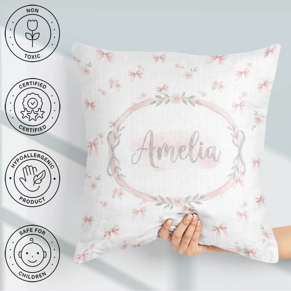 Custom Name Soft Pink Bows and Roses Watercolor Seamless Pattern Square Filled Cushion Throw Pillow Sofa Bed Home Decor Zip Washable UK Made