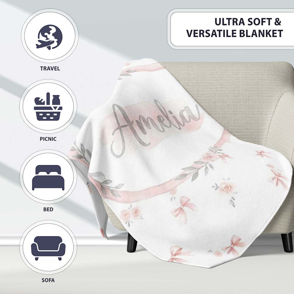 Soft Pink Bows and Roses Watercolor Floral Seamless Pattern Lovely  Personalised Custom Name Super Soft Fleece Blanket Bed Sofa Throw