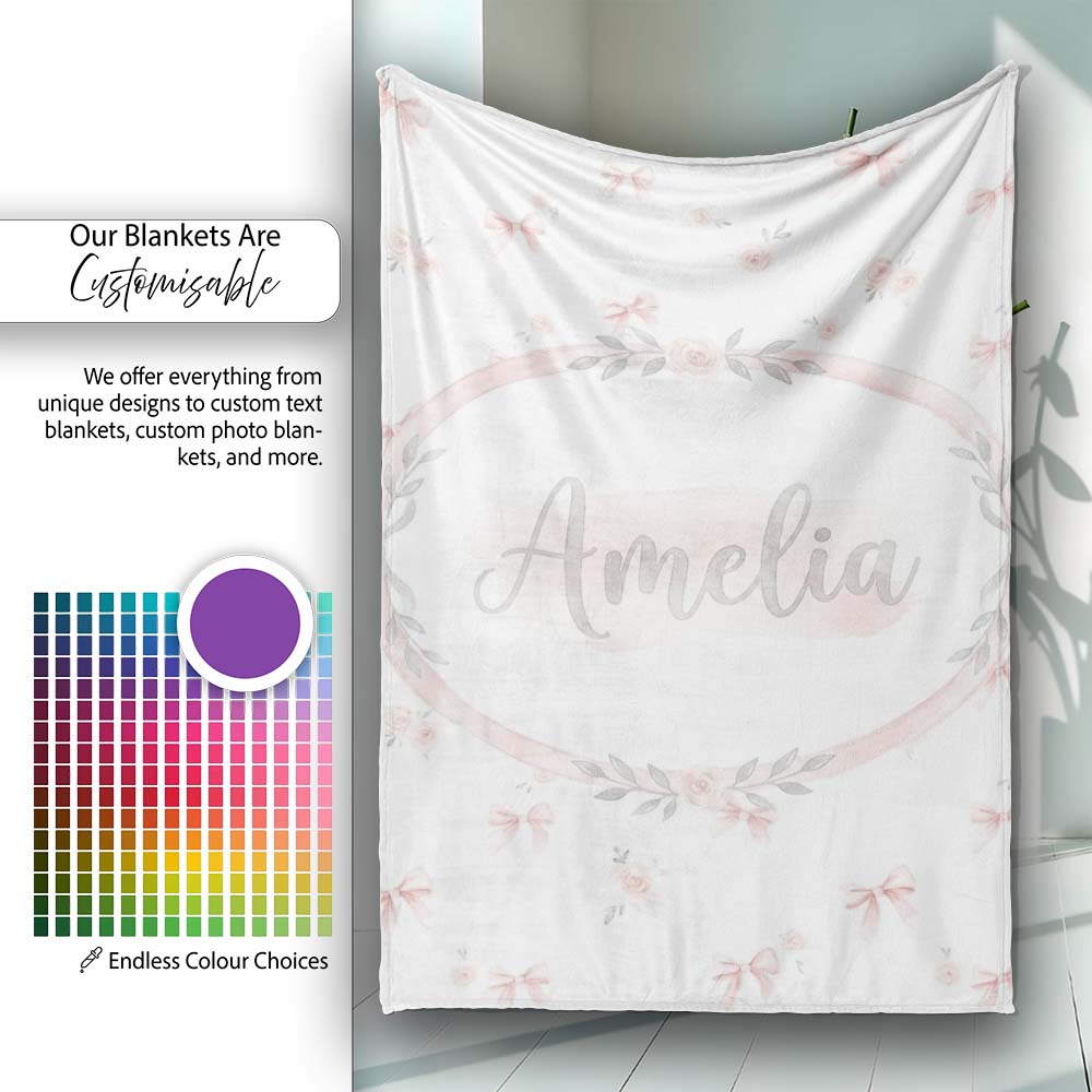 Soft Pink Bows and Roses Watercolor Floral Seamless Pattern Lovely  Personalised Custom Name Super Soft Fleece Blanket Bed Sofa Throw
