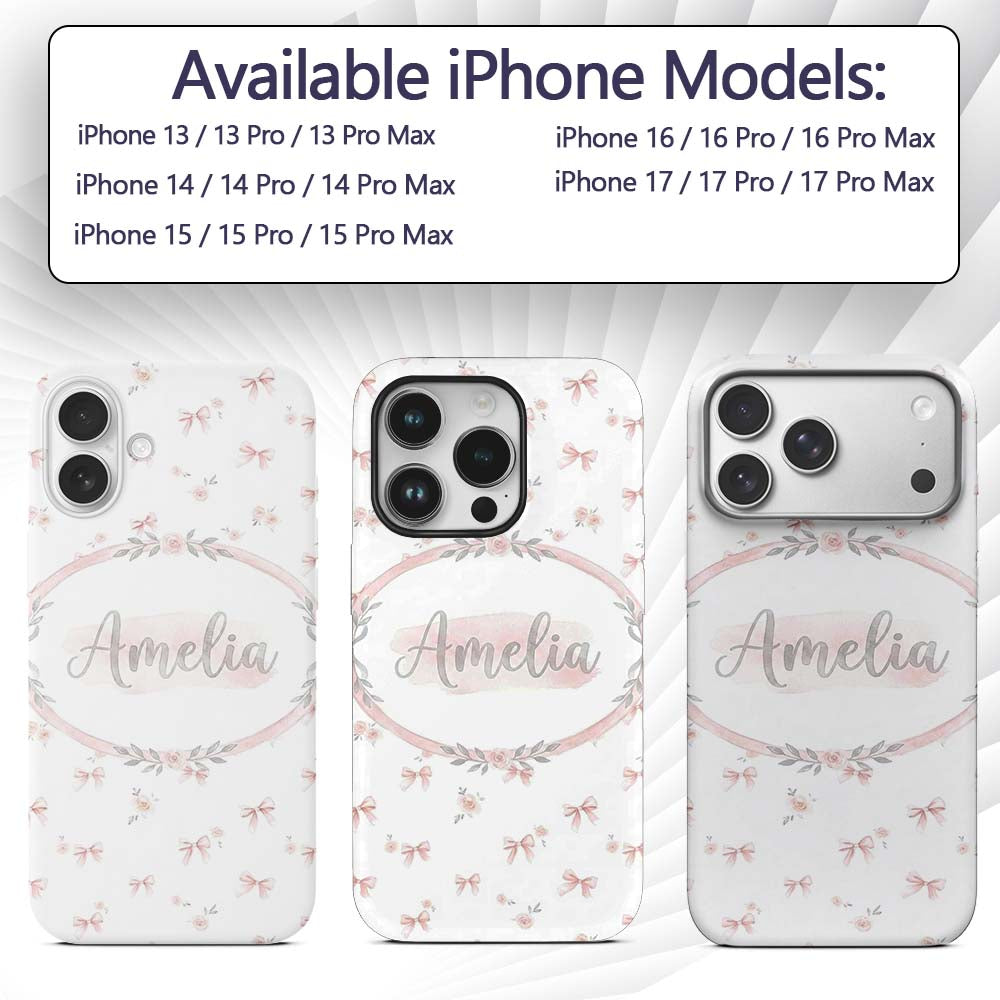 Soft Pink Bows and Roses Watercolor Floral Printed Design Custom Name Protective Phone Case Mobile Cover Durable Smartphone Shock Resistant