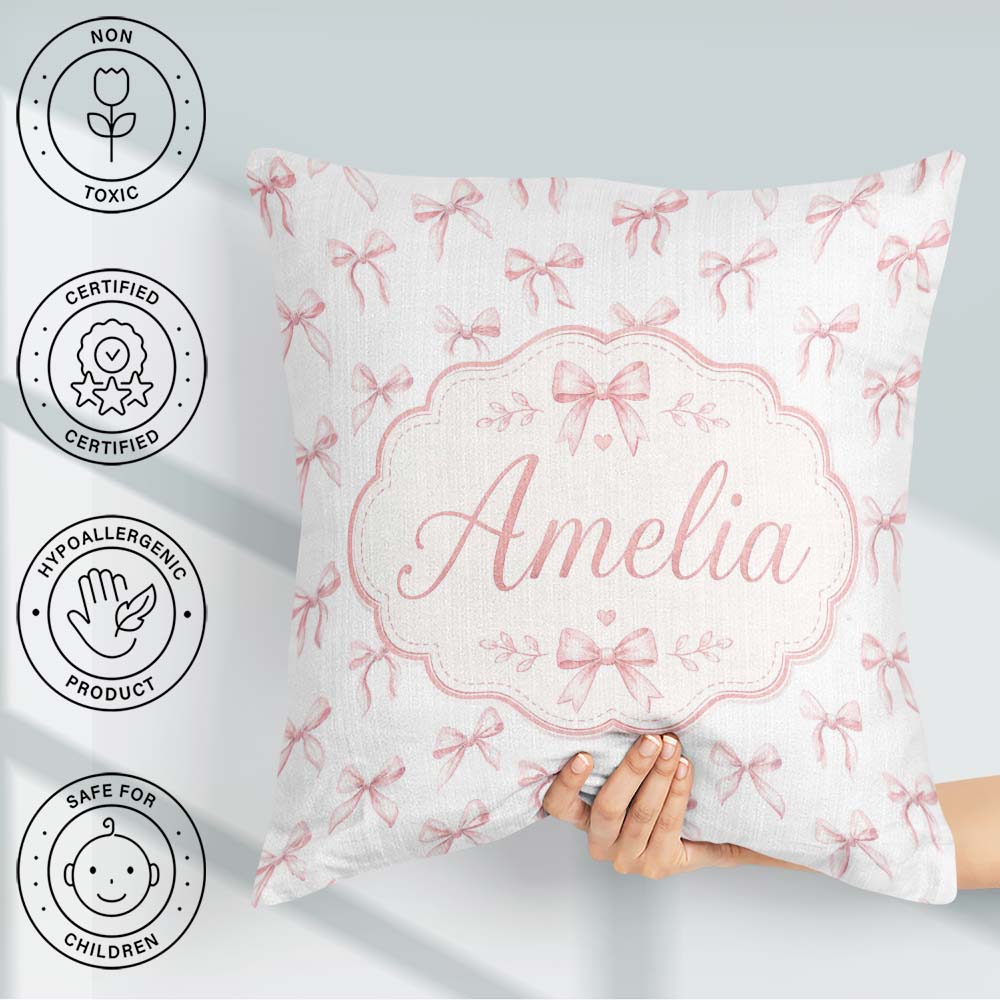 Custom Name Soft Pink Watercolor Bows Minimal Elegant Seamless Square Filled Cushion Throw Pillow Sofa Bed Home Decor Zip Washable UK Made