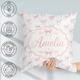 Custom Name Soft Pink Watercolor Bows Minimal Elegant Seamless Square Filled Cushion Throw Pillow Sofa Bed Home Decor Zip Washable UK Made