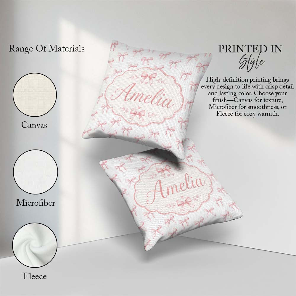 Custom Name Soft Pink Watercolor Bows Minimal Elegant Seamless Square Filled Cushion Throw Pillow Sofa Bed Home Decor Zip Washable UK Made