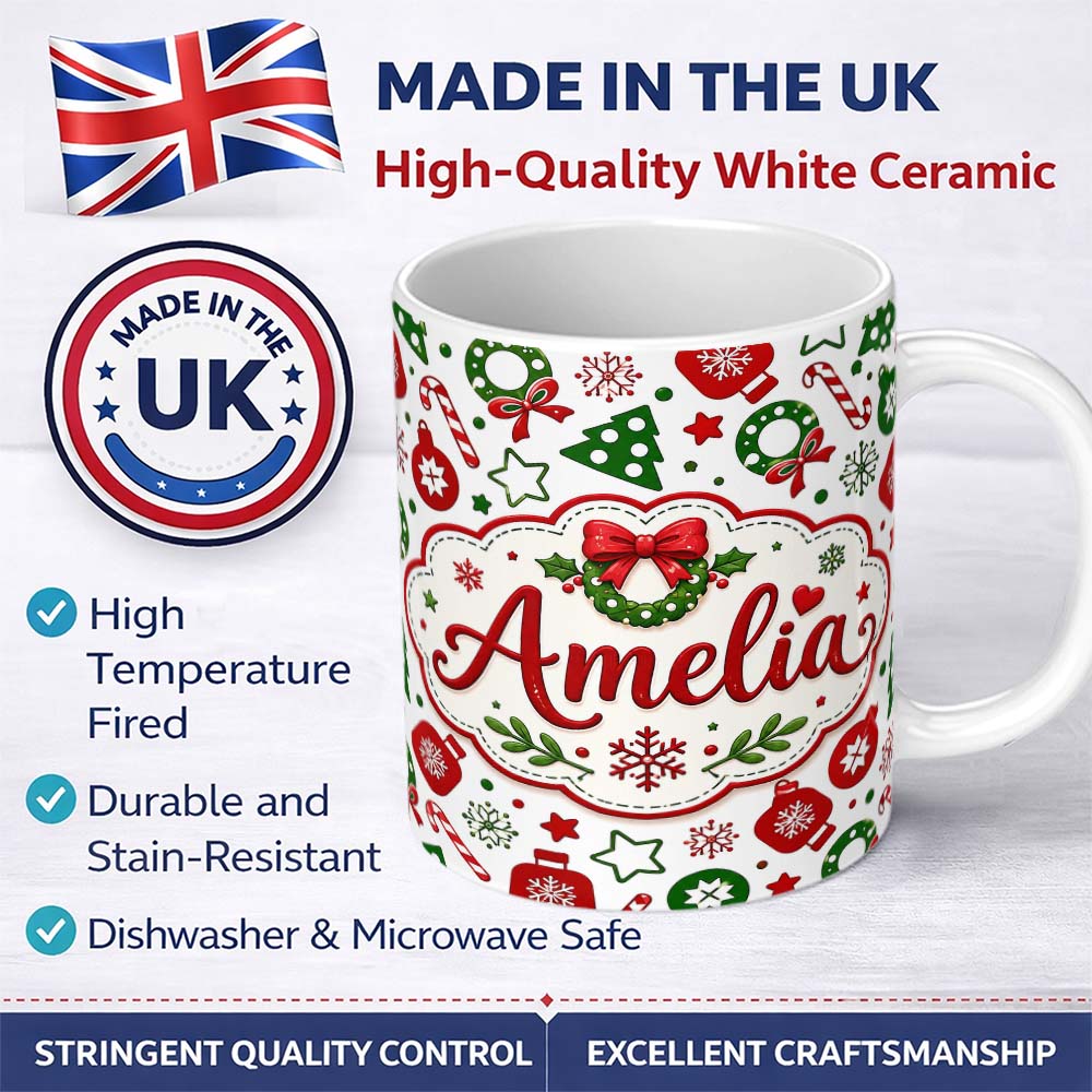 Personalized Custom Name Cute Christmas Ornaments Candy Cane Tree Wreath Seamless Pattern 11oz Ceramic Coffee Tea Mug White Large Handle