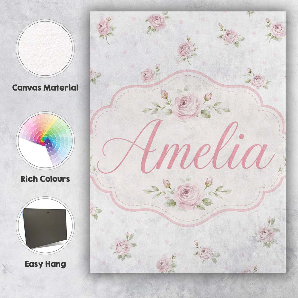 Personalised Name Soft Pink Roses Polka Dot Custom  Bespoke Interior Contemporary Canvas Wall Art Print Decor Picture Ready to Hang