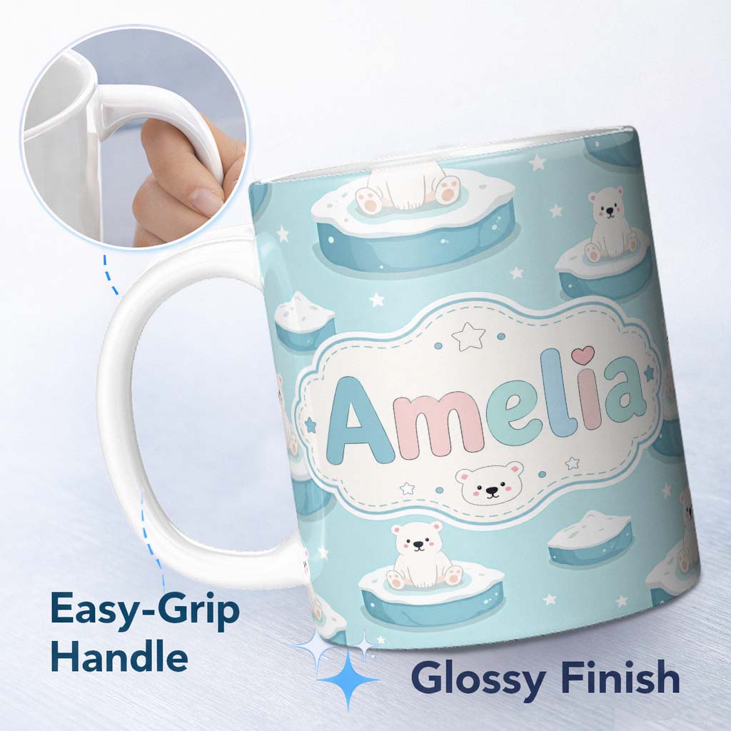Personalized Custom Name Cute Polar Bears on Ice Floes Arctic Winter Cute Animals Seamless 11oz Ceramic Coffee Tea Mug White Large Handle