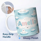 Personalized Custom Name Cute Polar Bears on Ice Floes Arctic Winter Cute Animals Seamless 11oz Ceramic Coffee Tea Mug White Large Handle