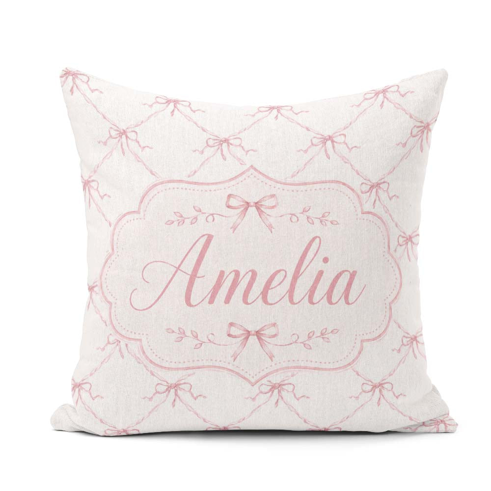 Custom Name Soft Pink Ribbon Bow Lattice Elegant Seamless Lovely Square Filled Cushion Throw Pillow Sofa Bed Home Decor Zip Washable UK Made