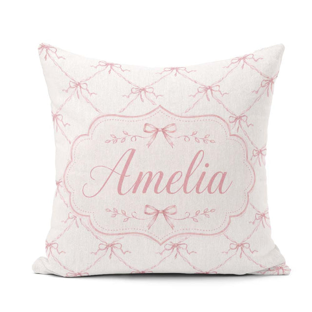 Custom Name Soft Pink Ribbon Bow Lattice Elegant Seamless Lovely Square Filled Cushion Throw Pillow Sofa Bed Home Decor Zip Washable UK Made
