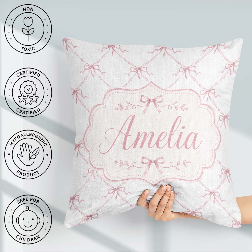 Custom Name Soft Pink Ribbon Bow Lattice Elegant Seamless Lovely Square Filled Cushion Throw Pillow Sofa Bed Home Decor Zip Washable UK Made