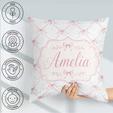 Custom Name Soft Pink Ribbon Bow Lattice Elegant Seamless Lovely Square Filled Cushion Throw Pillow Sofa Bed Home Decor Zip Washable UK Made