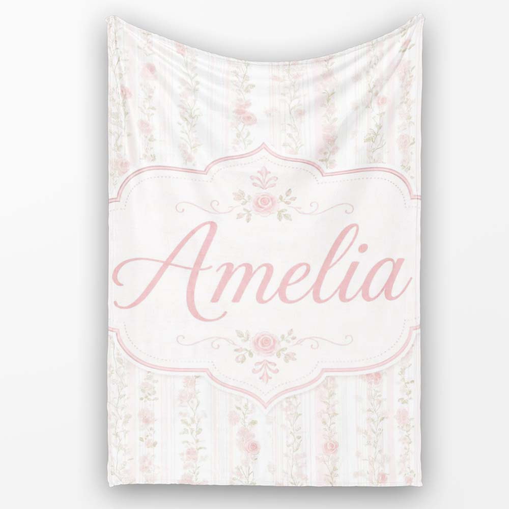 Soft Pink Floral Stripe Vintage Garden Seamless Pattern Lovely  Personalised Custom Name Super Soft Fleece Blanket Bed Sofa Throw