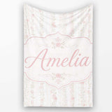 Soft Pink Floral Stripe Vintage Garden Seamless Pattern Lovely  Personalised Custom Name Super Soft Fleece Blanket Bed Sofa Throw