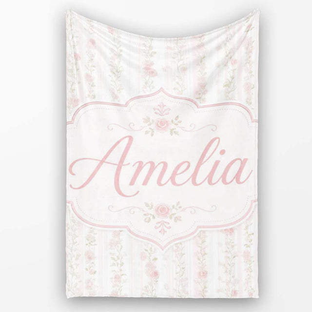 Soft Pink Floral Stripe Vintage Garden Seamless Pattern Lovely  Personalised Custom Name Super Soft Fleece Blanket Bed Sofa Throw