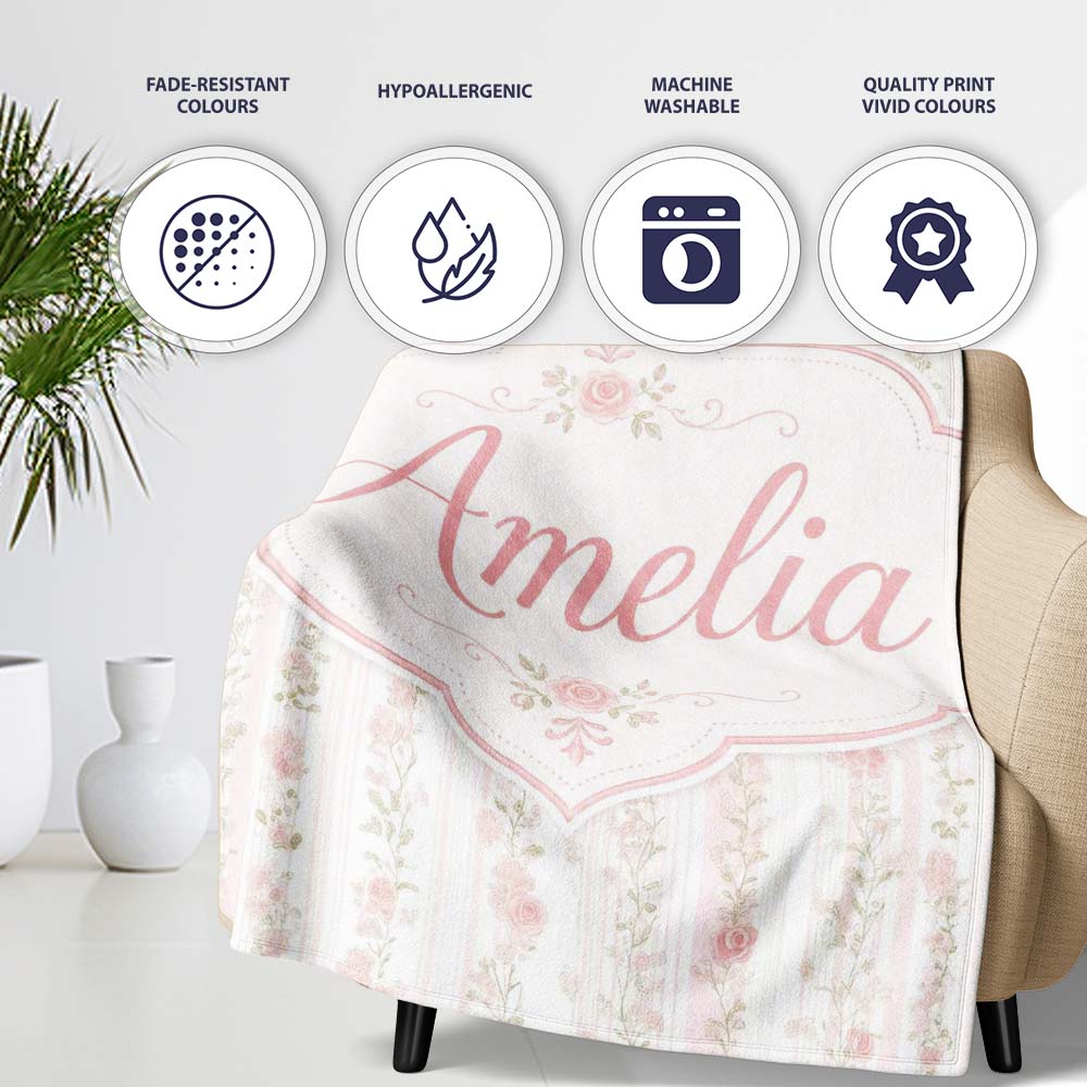 Soft Pink Floral Stripe Vintage Garden Seamless Pattern Lovely  Personalised Custom Name Super Soft Fleece Blanket Bed Sofa Throw