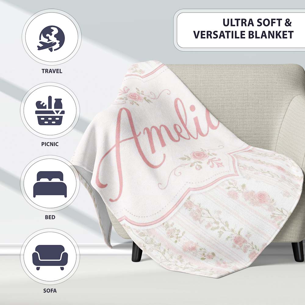 Soft Pink Floral Stripe Vintage Garden Seamless Pattern Lovely  Personalised Custom Name Super Soft Fleece Blanket Bed Sofa Throw