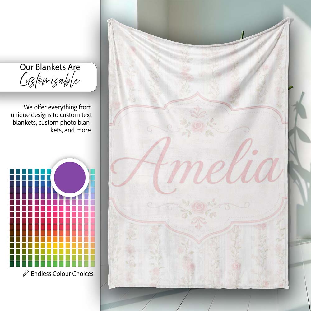 Soft Pink Floral Stripe Vintage Garden Seamless Pattern Lovely  Personalised Custom Name Super Soft Fleece Blanket Bed Sofa Throw