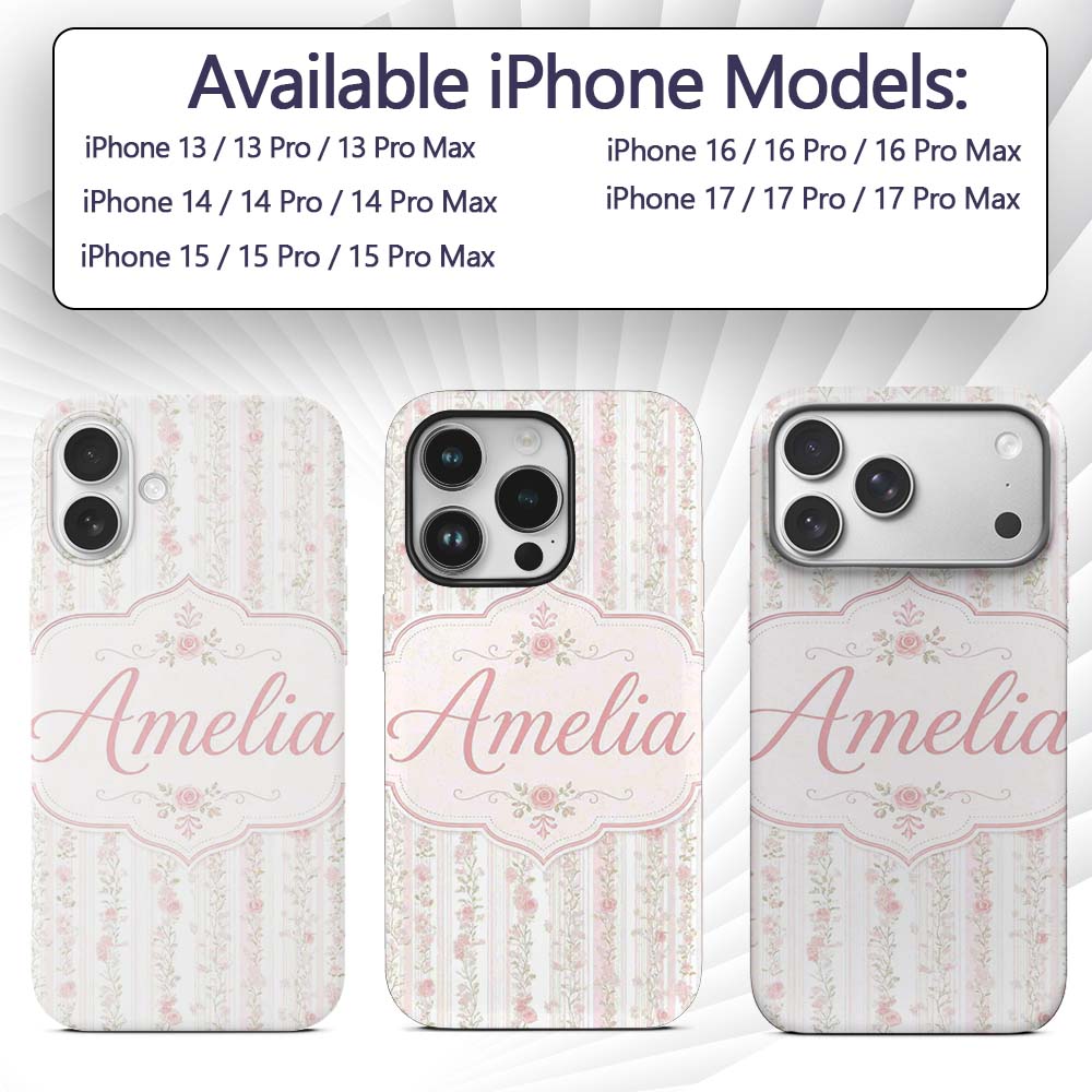 Soft Pink Floral Stripe Vintage Garden Seamless Custom Name Protective Phone Case Mobile Cover Durable Everyday Smartphone Shock Resistant