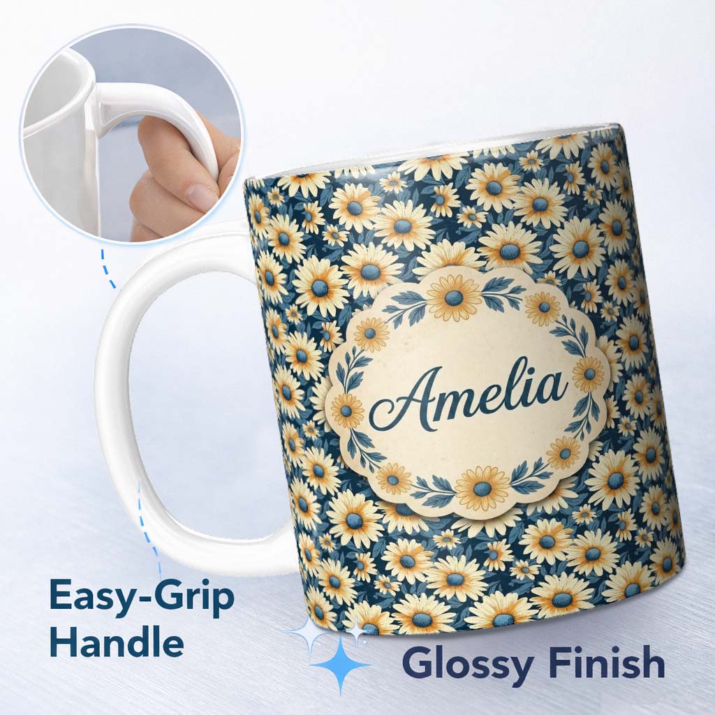Personalized Custom Name Navy Blue Background Yellow Daisy Floral Seamless Pattern Lovely 11oz Ceramic Coffee Tea Mug White Large Handle