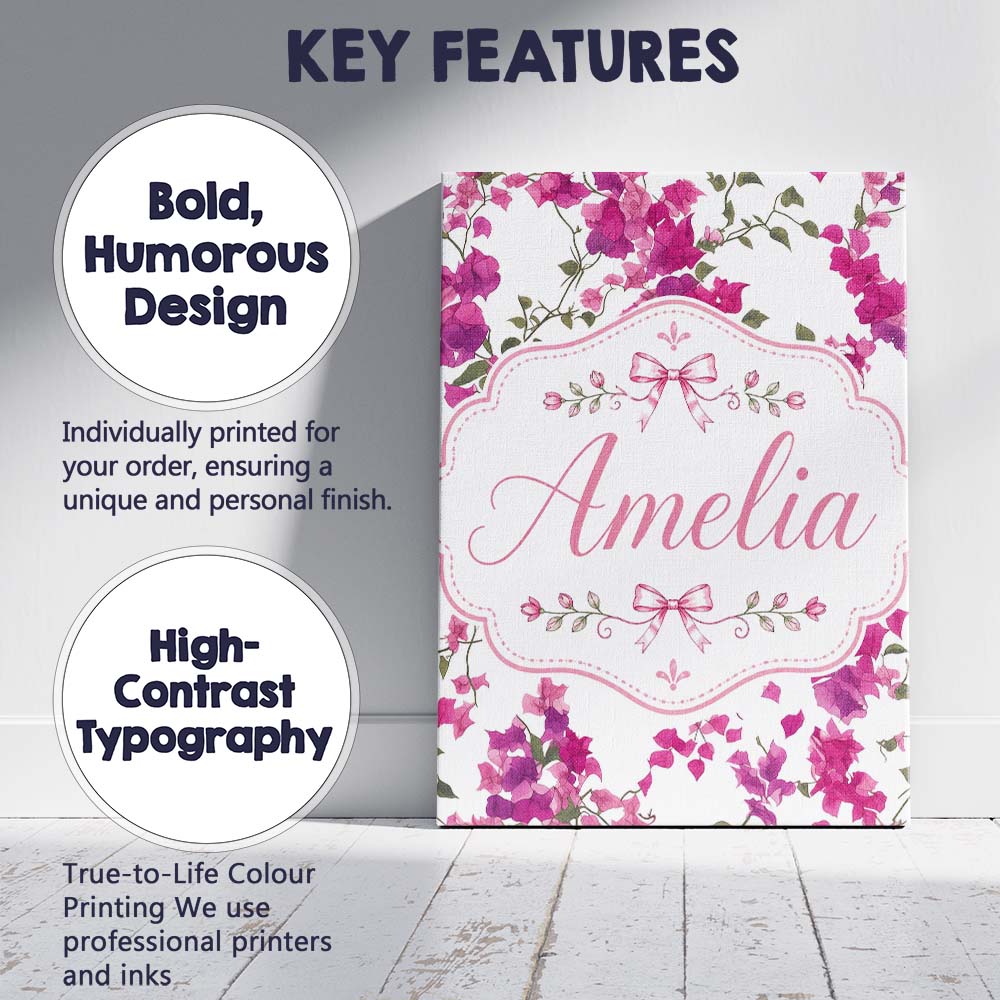 Personalised Name Vibrant Pink Bougainvillea Custom Bespoke  Contemporary Display Canvas Wall Art Print Decor Picture Ready to Hang
