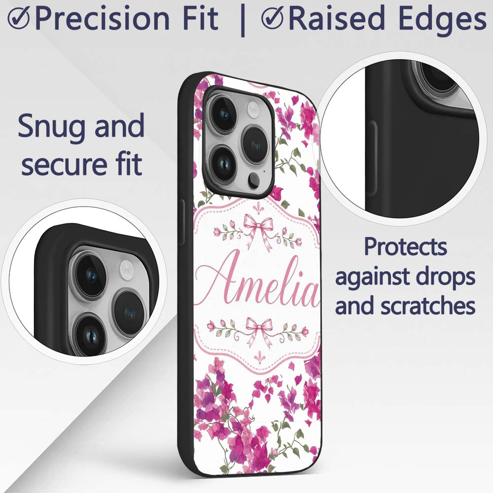 Vibrant Pink Bougainvillea Floral Vine Elegant Custom Name Protective Phone Case Mobile Cover Durable Everyday Smartphone Shock Resistant