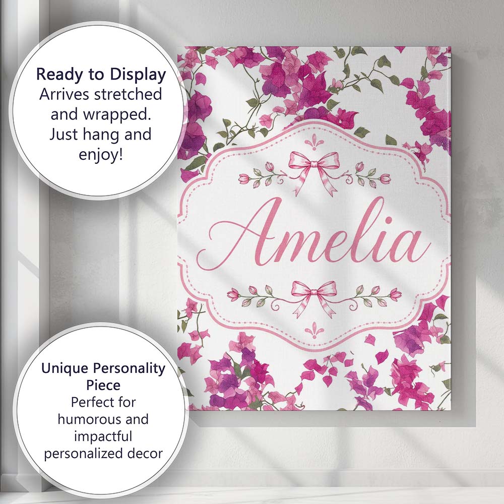 Personalised Name Vibrant Pink Bougainvillea Custom Bespoke  Contemporary Display Canvas Wall Art Print Decor Picture Ready to Hang