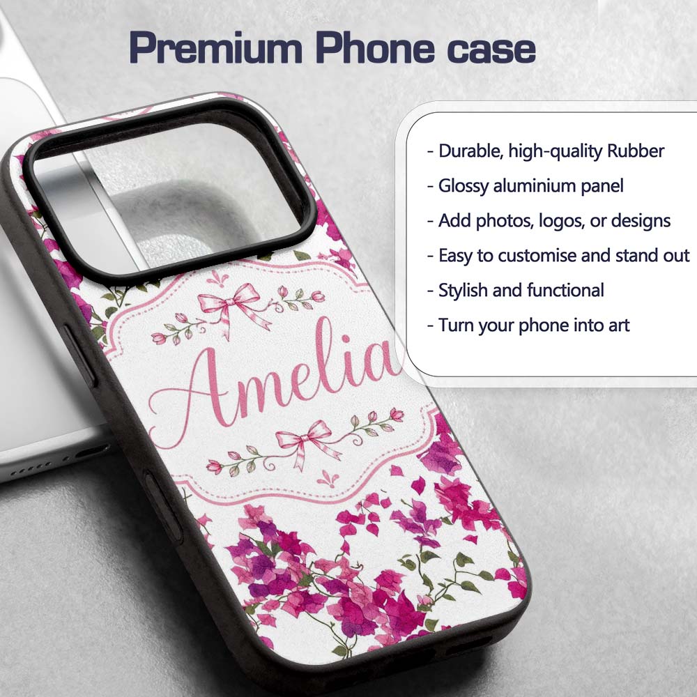 Vibrant Pink Bougainvillea Floral Vine Elegant Custom Name Protective Phone Case Mobile Cover Durable Everyday Smartphone Shock Resistant