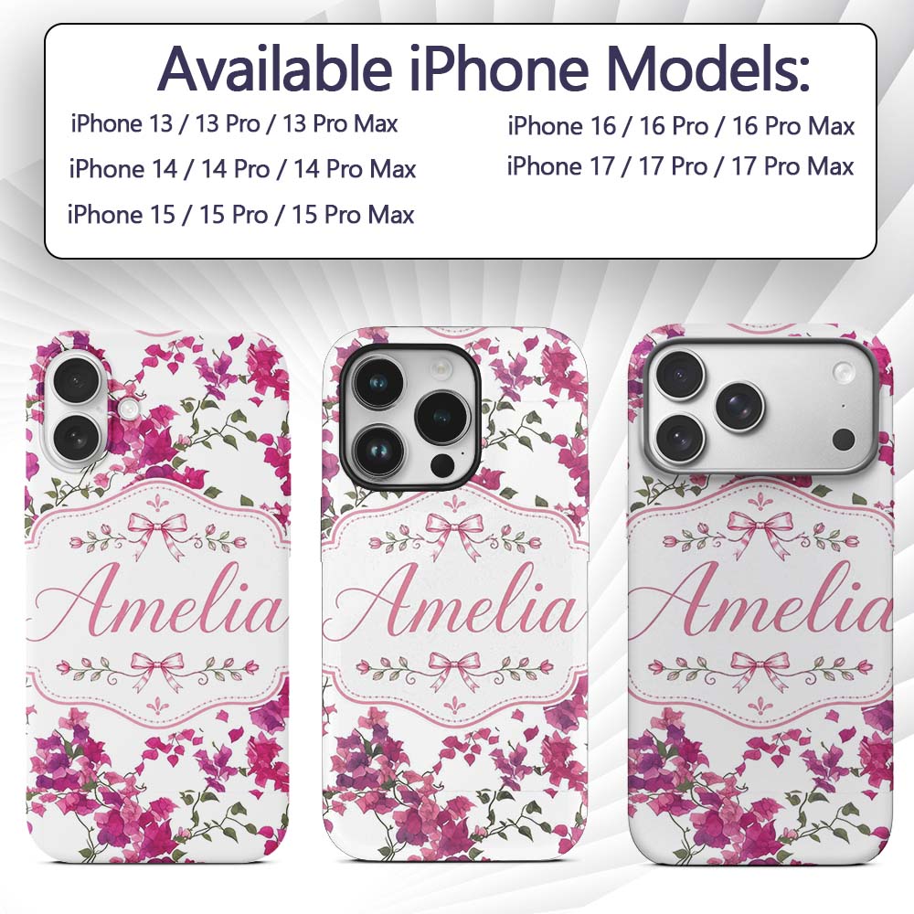 Vibrant Pink Bougainvillea Floral Vine Elegant Custom Name Protective Phone Case Mobile Cover Durable Everyday Smartphone Shock Resistant