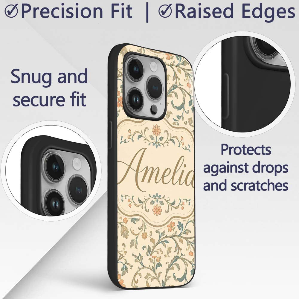 Vintage Beige Floral Scroll Ornamental Classic Custom Name Protective Phone Case Mobile Cover Durable Everyday Smartphone Shock Resistant