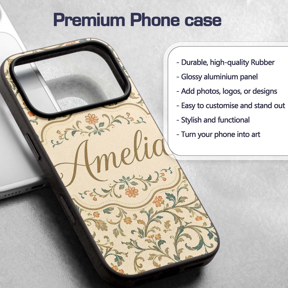 Vintage Beige Floral Scroll Ornamental Classic Custom Name Protective Phone Case Mobile Cover Durable Everyday Smartphone Shock Resistant