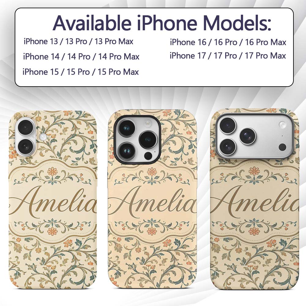 Vintage Beige Floral Scroll Ornamental Classic Custom Name Protective Phone Case Mobile Cover Durable Everyday Smartphone Shock Resistant