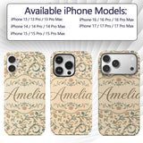 Vintage Beige Floral Scroll Ornamental Classic Custom Name Protective Phone Case Mobile Cover Durable Everyday Smartphone Shock Resistant